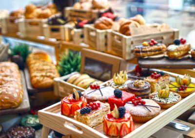 A delectable display of assorted pastries and baked goods, perfect for a dessert lover.